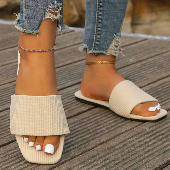 Elegant Beige Sandals For Women, Minimalist Single Band Slide Sandals - Picture 2 of 6